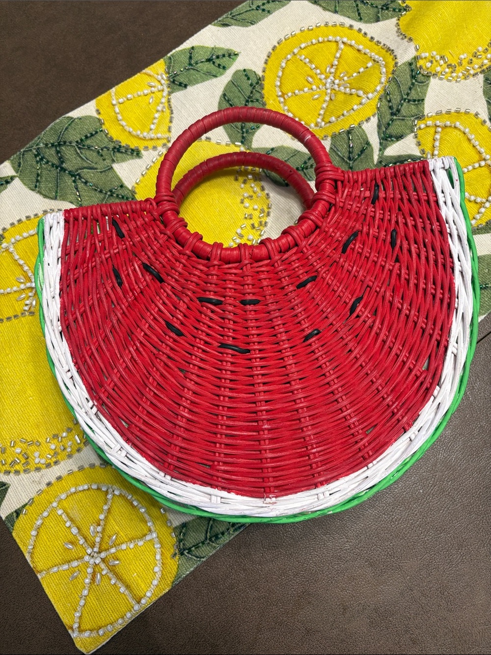 Anthropologie Watermelon Woven Mini Bag with White & Green Trim